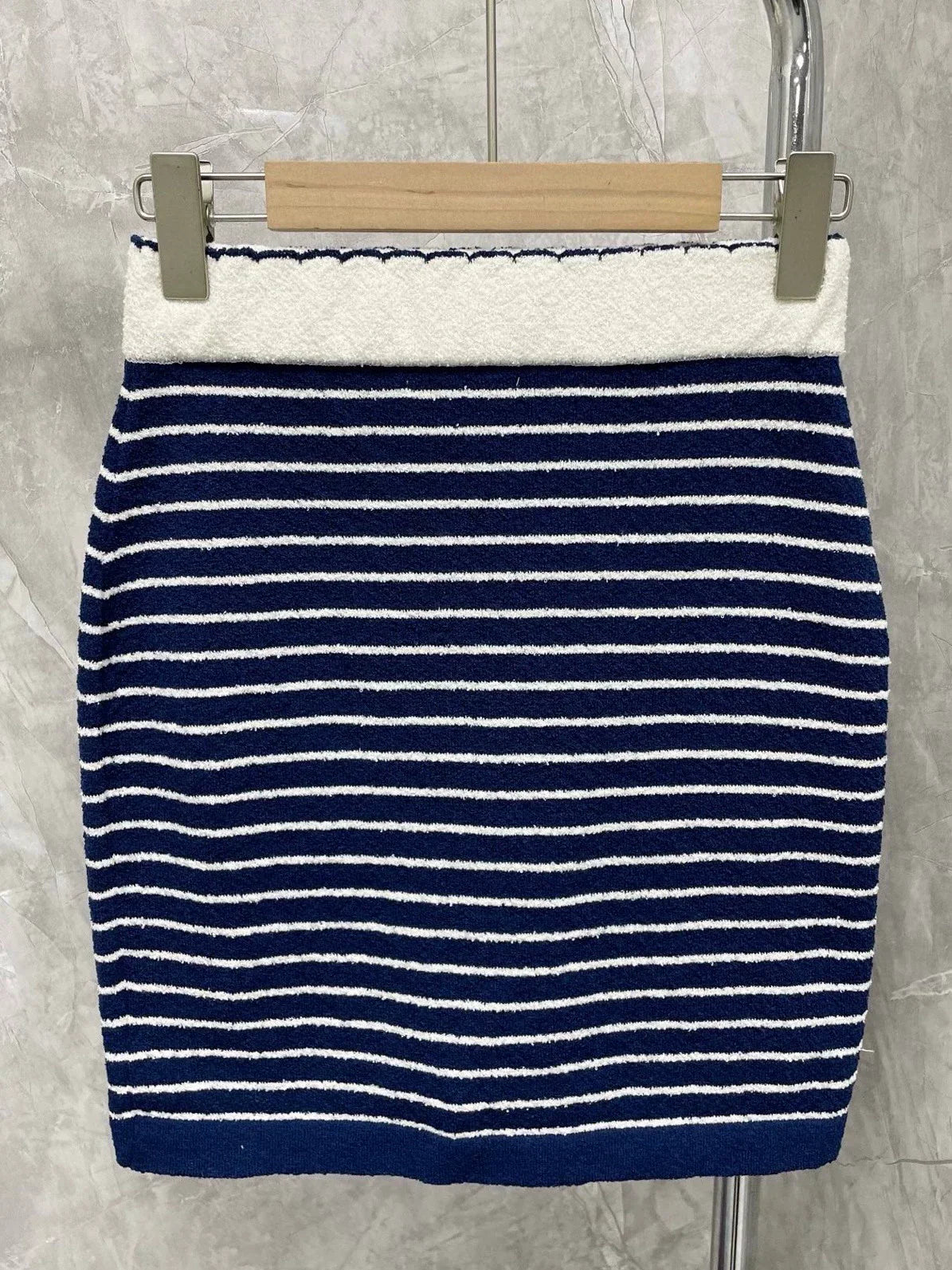 25 Summer new dark blue striped sweater suspender top + skirt set