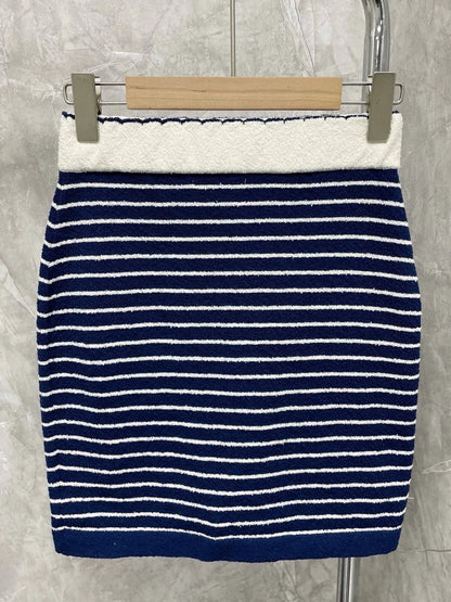 25 Summer new dark blue striped sweater suspender top + skirt set