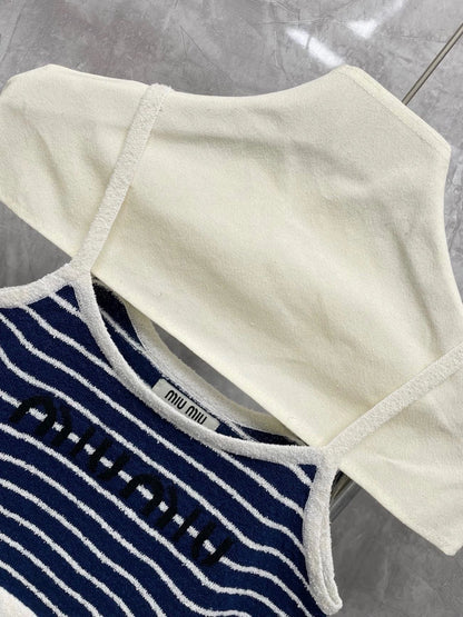 25 Summer new dark blue striped sweater suspender top + skirt set