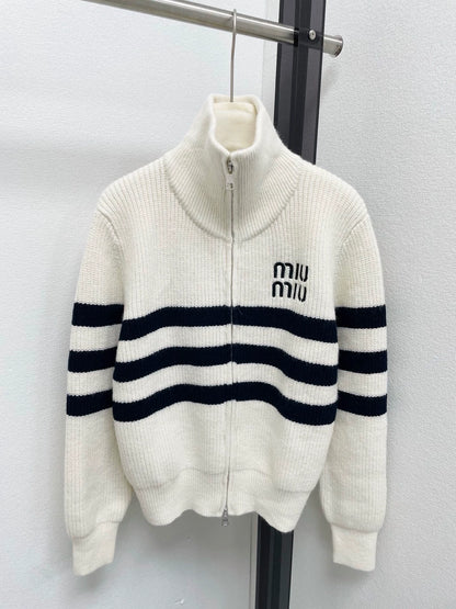 Striped stand up collar knitted cardigan