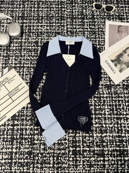 Knitted long sleeved shirt collar with patchwork