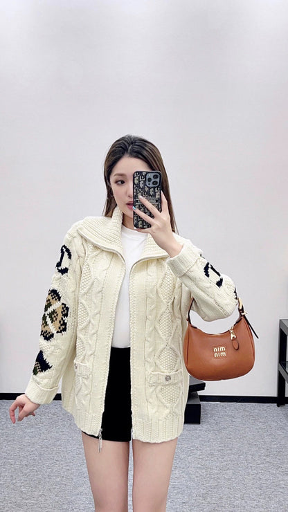 25fw Zipper hook flower knitted cardigan