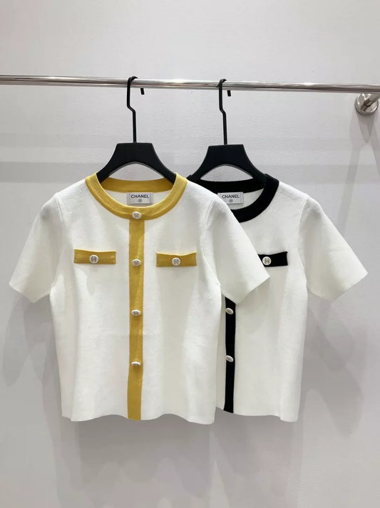 25fw Color blocked knitted short sleeved shirt