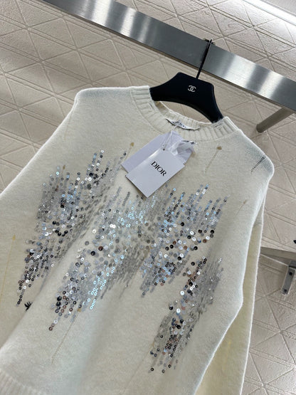 25fw Broken hole sequin round neck sweater