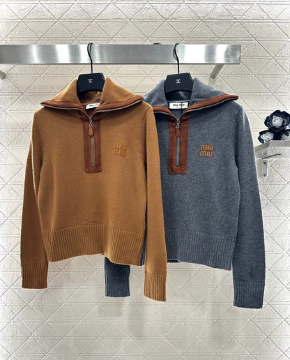 Knitted top with split leather collar