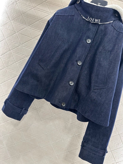 Hooded plush denim cloak jacket