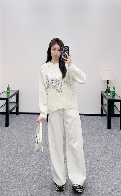 25fw Broken hole sequin round neck sweater