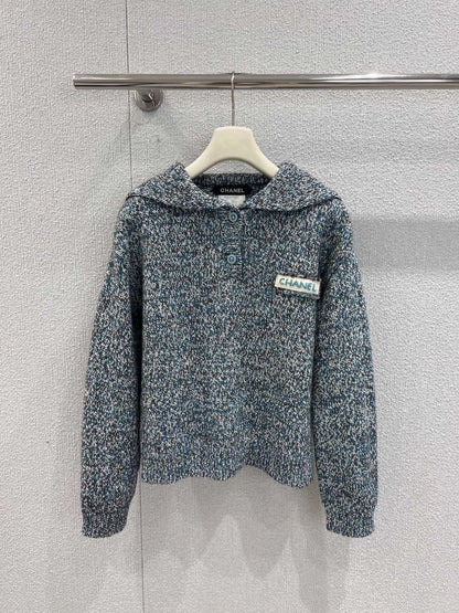 Beaded Logo Navy Collar Knitted Sweater