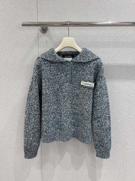 Beaded Logo Navy Collar Knitted Sweater