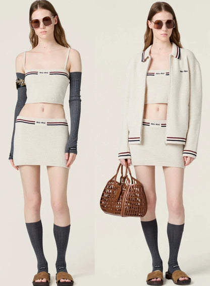 25 Summer new color matching ribbon pure cotton knitted suspender skirt suit