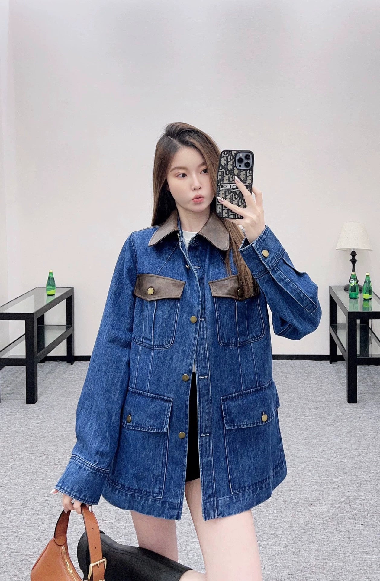 25fw Spliced leather silhouette denim jacket