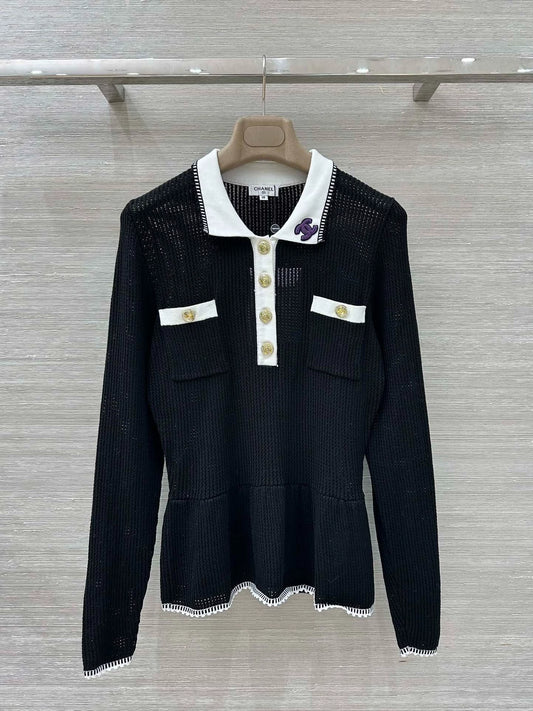 Embroidered mesh knitted long sleeved shirt