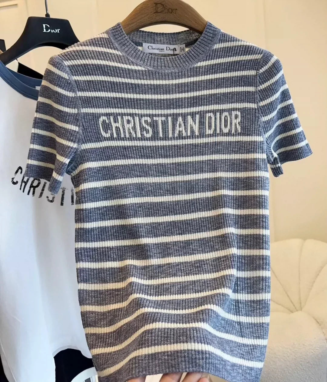 25 Summer new striped logo intarsia striped short-sleeved knitted top