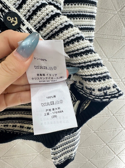 Striped contrasting knit round neck cardigan