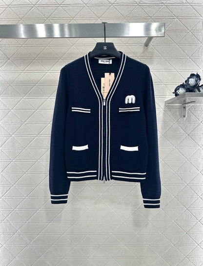 25fw V-neck striped knitted cardigan