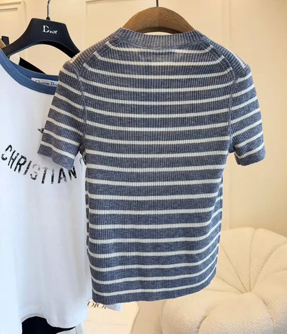 25 Summer new striped logo intarsia striped short-sleeved knitted top