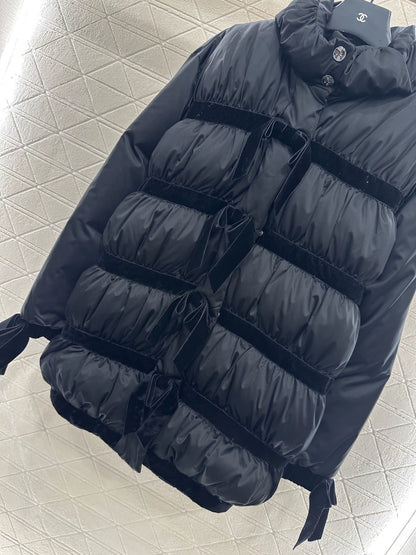 Velvet bow mid length down jacket