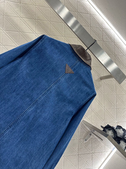 25fw Spliced leather silhouette denim jacket