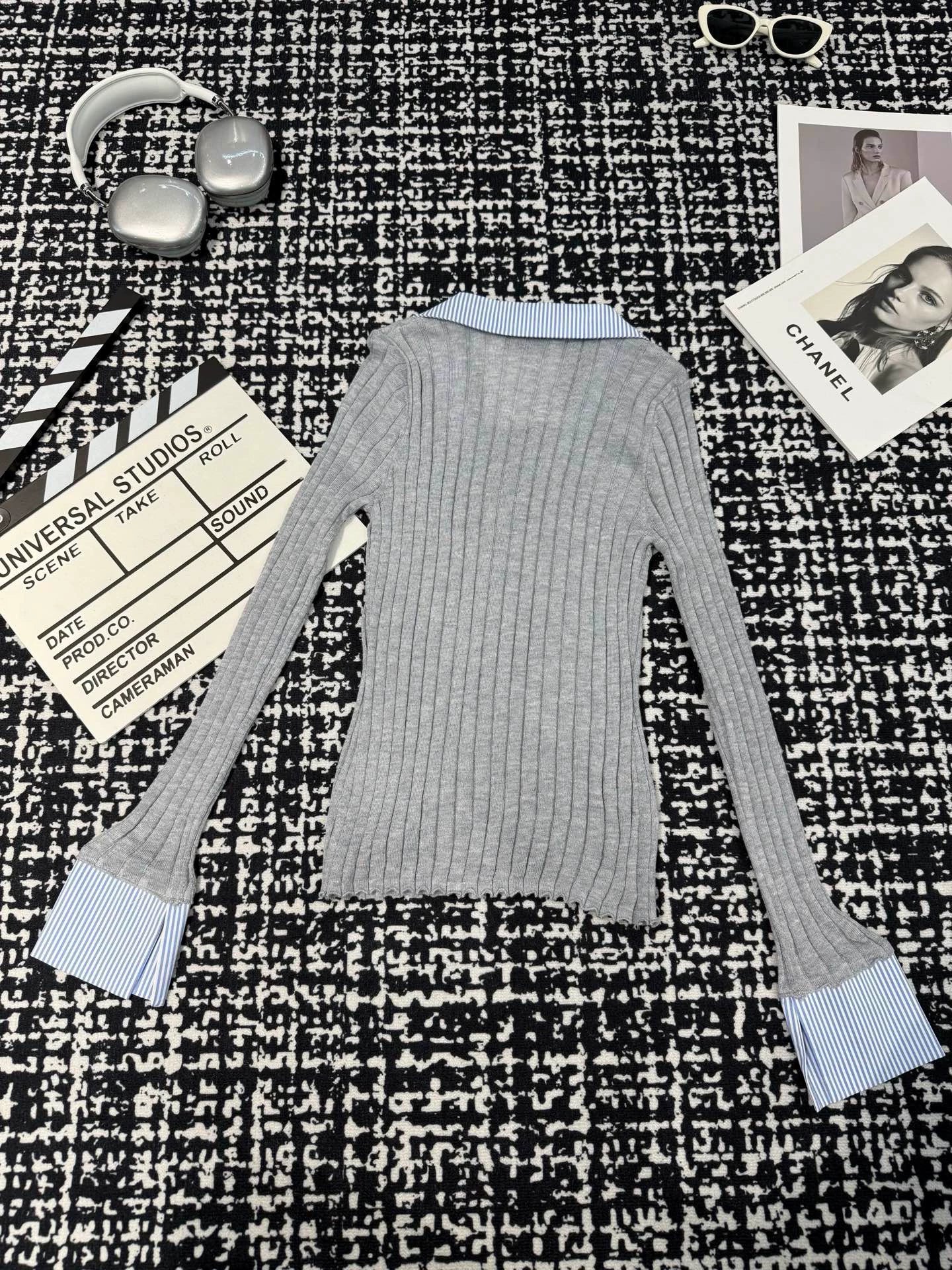 Knitted long sleeved shirt collar with patchwork