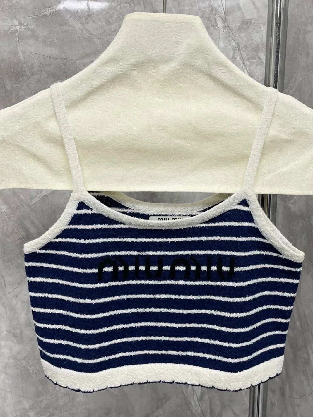 25 Summer new dark blue striped sweater suspender top + skirt set