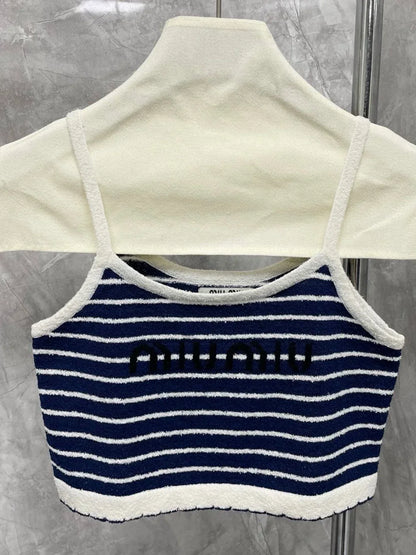 25 Summer new dark blue striped sweater suspender top + skirt set
