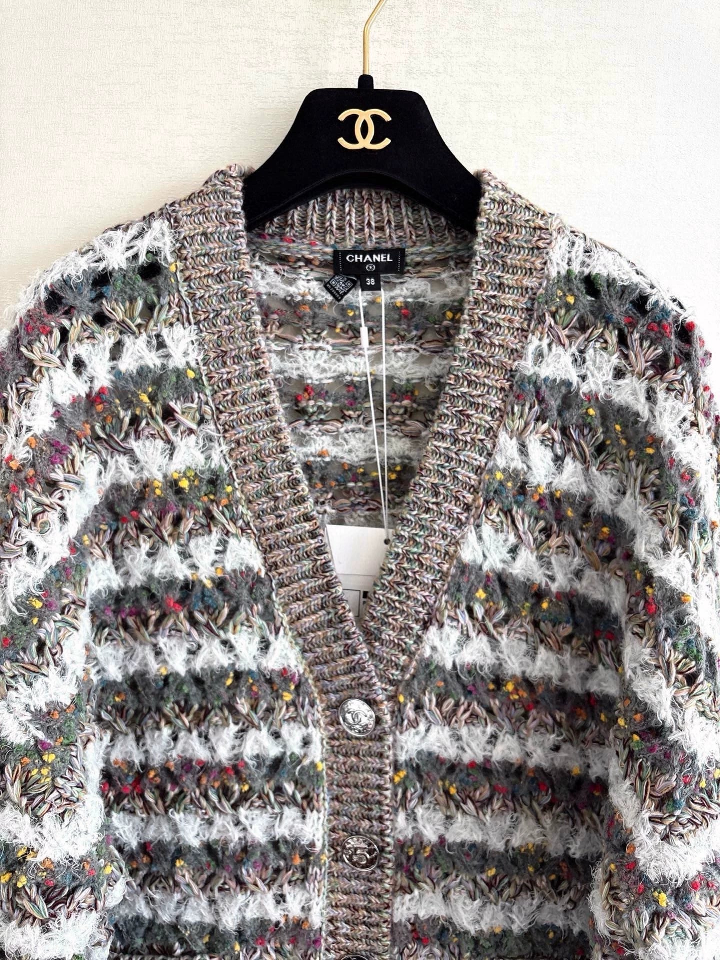 25fw Striped hollow knitted cardigan