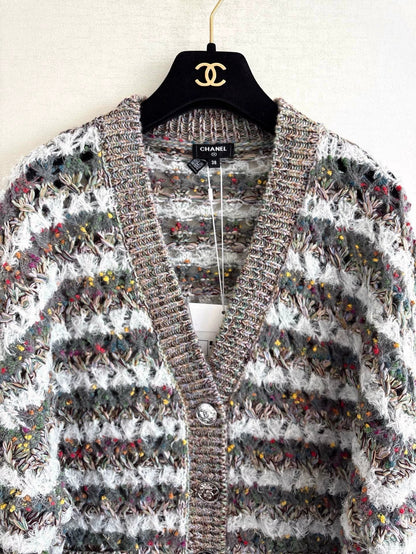 25fw Striped hollow knitted cardigan