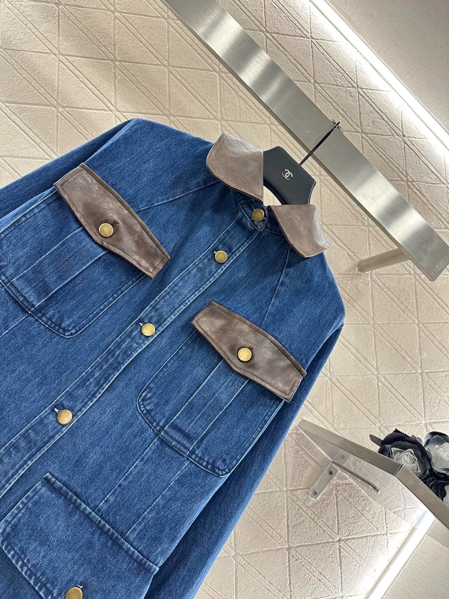 25fw Spliced leather silhouette denim jacket