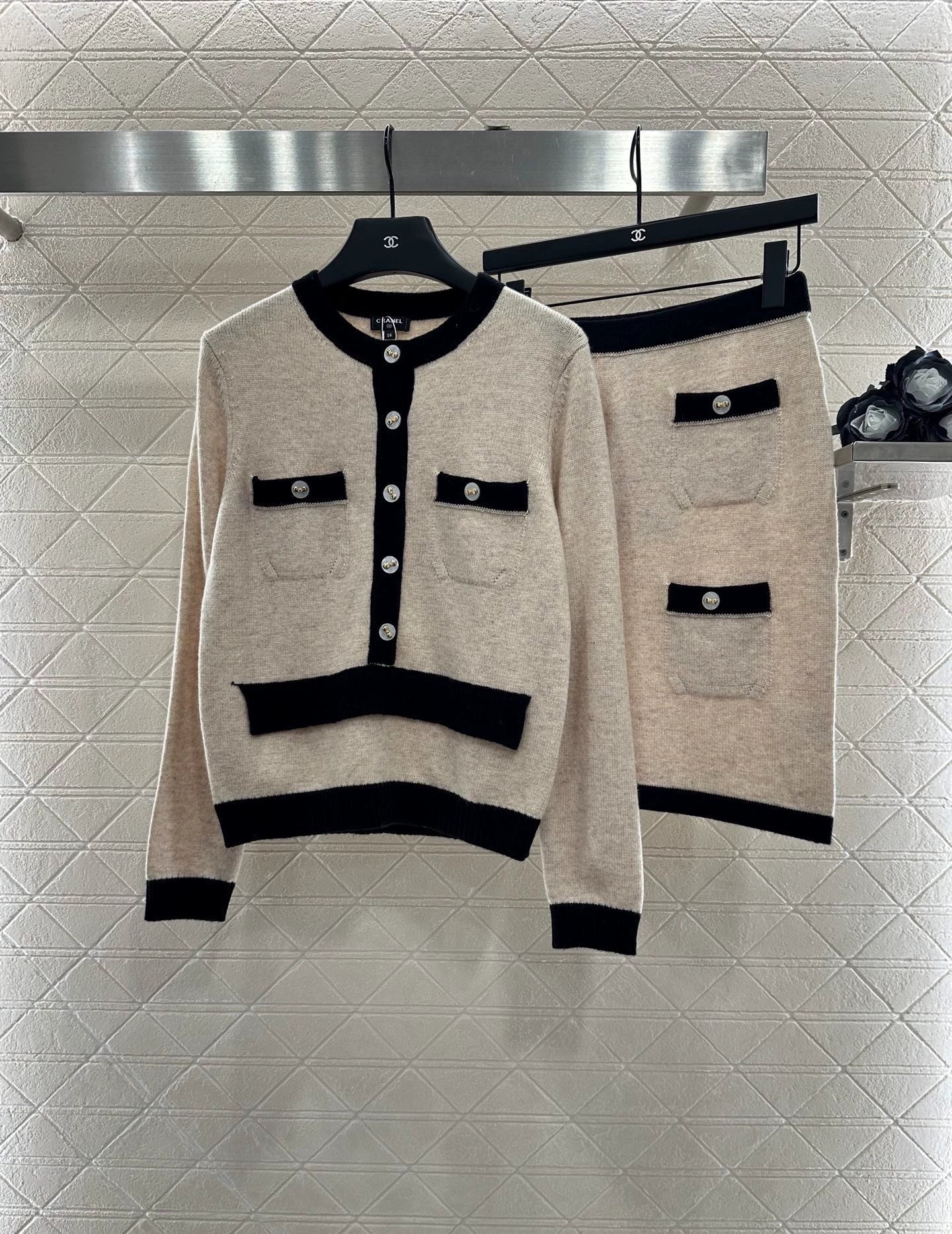 25fw Color blocking pocket knitted suit