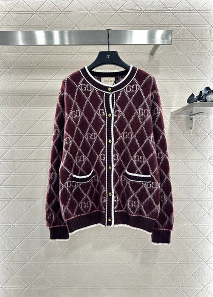 25 Vintage letter diamond grid round neck knitted wool cardigan