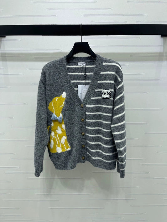 Striped V-neck long sleeved knitted cardigan