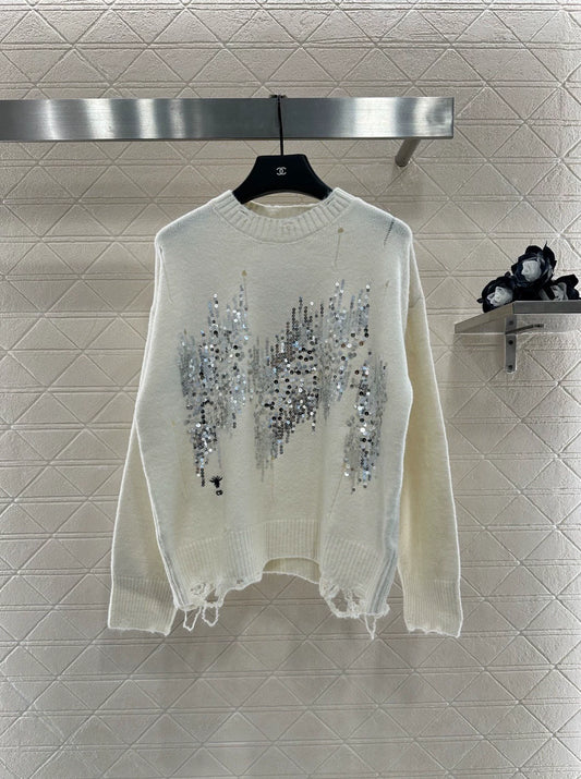 25fw Broken hole sequin round neck sweater