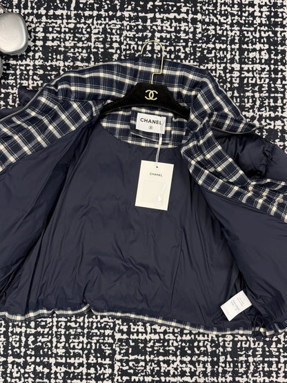 Plaid patchwork stand up collar goose down suit