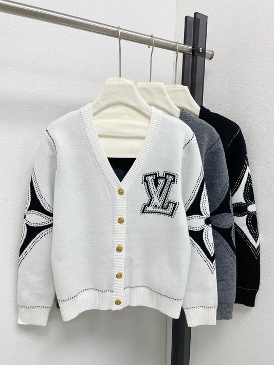 25fw Sleeve contrasting logo V-neck cardigan