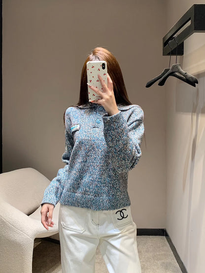 Beaded Logo Navy Collar Knitted Sweater