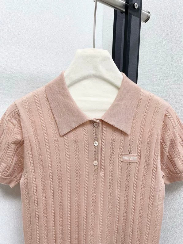 25fw Hollow knit polo short sleeved shirt