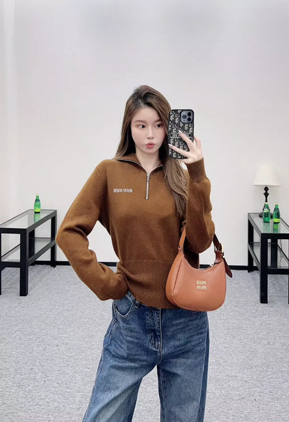 25fw Zipper lapel knit top