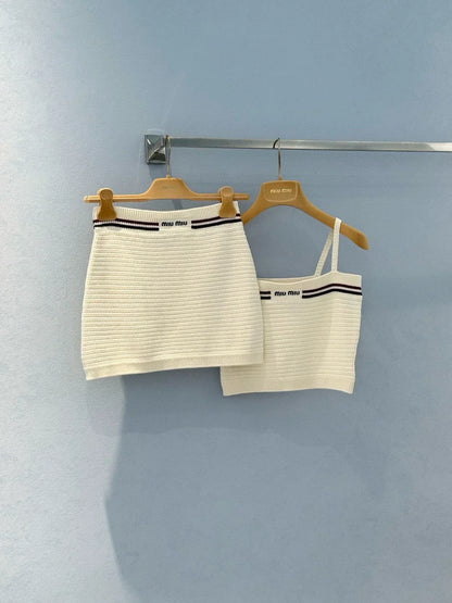 25 Summer new color matching ribbon pure cotton knitted suspender skirt suit