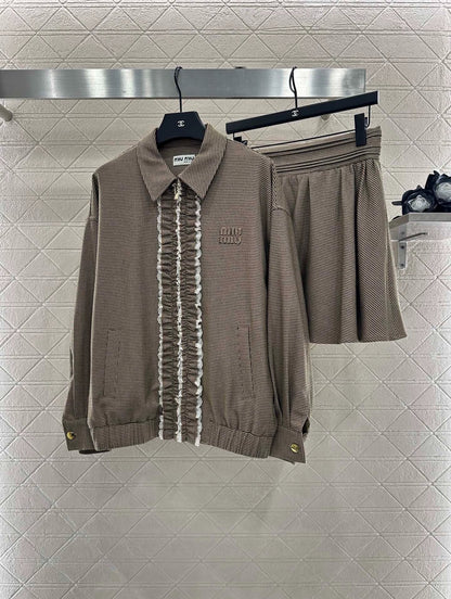 25fw Color blocking lace lace jacket short skirt set