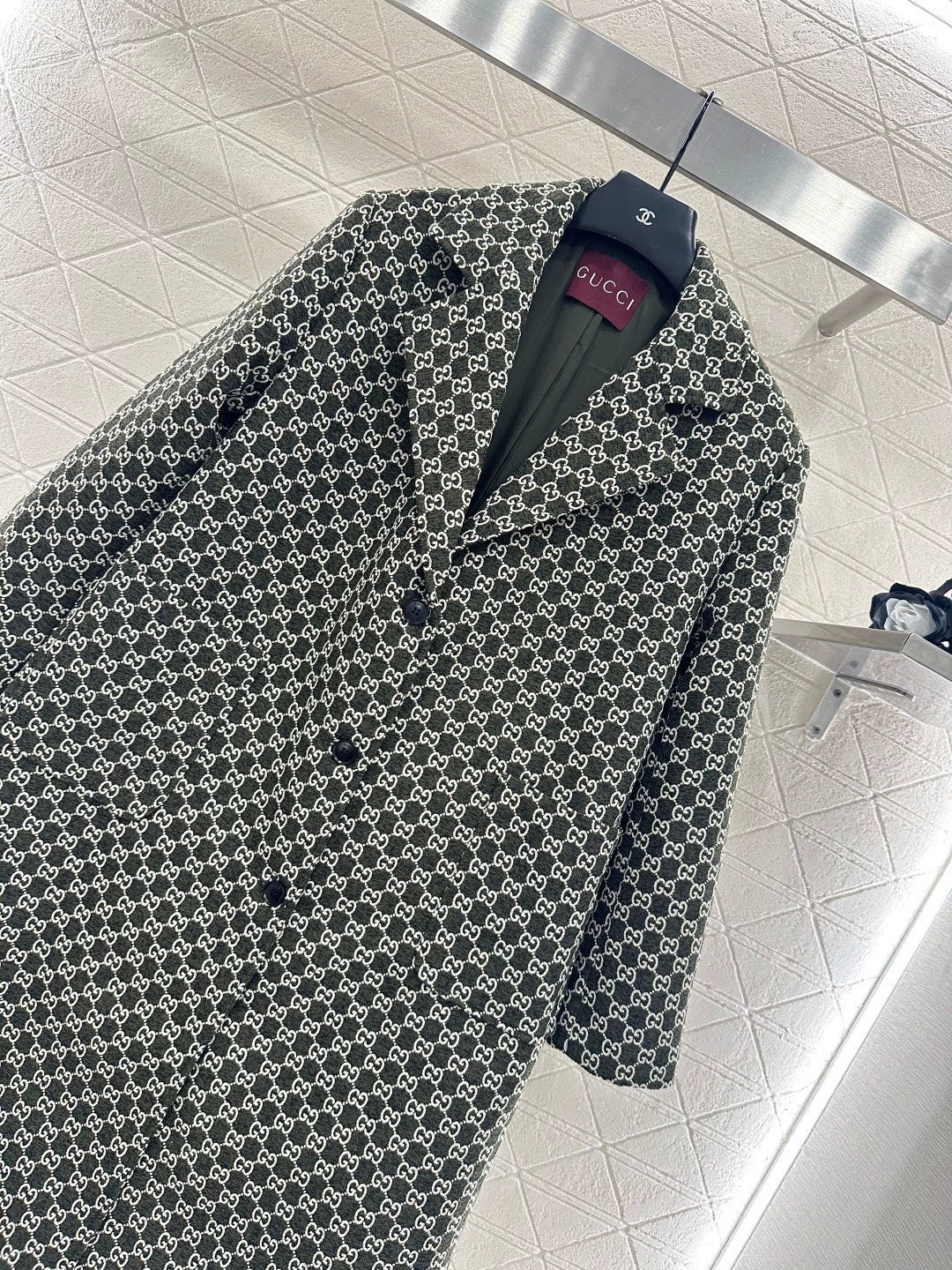 Flip collar jacquard long coat jacket