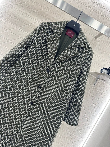 Flip collar jacquard long coat jacket