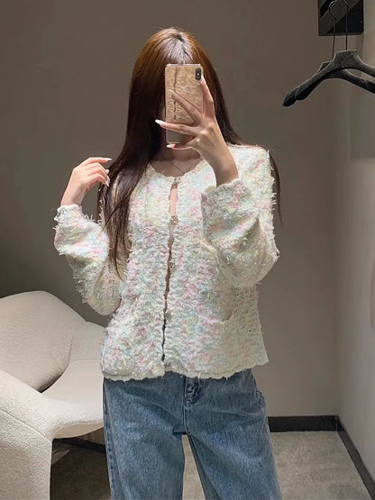 Rainbow fringe woven cardigan