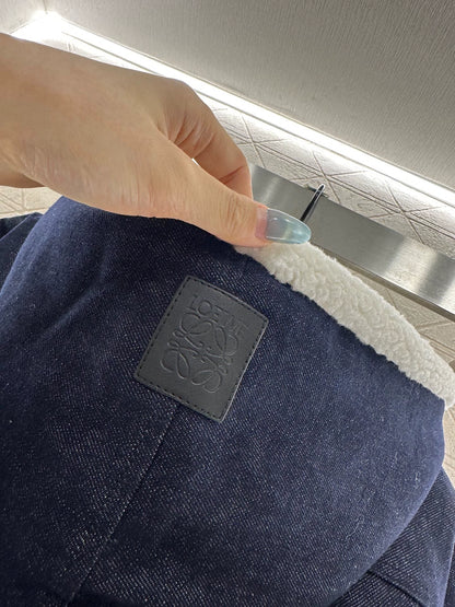 Hooded plush denim cloak jacket