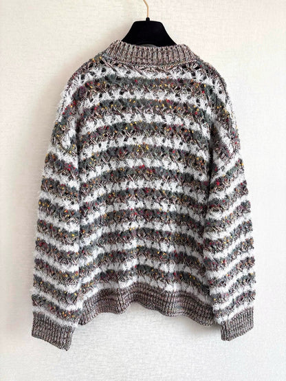 25fw Striped hollow knitted cardigan