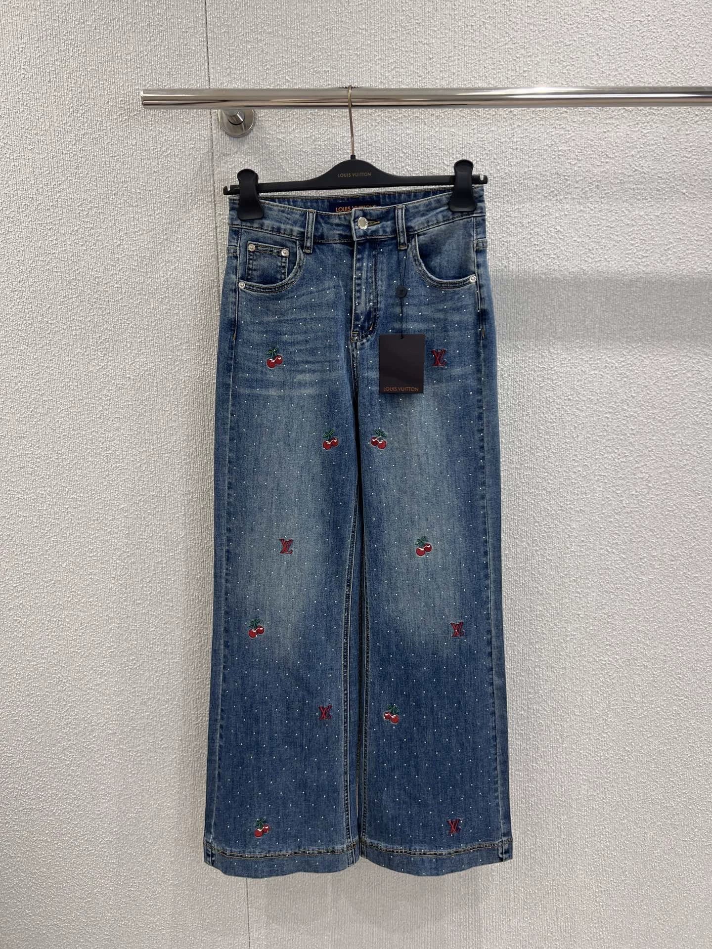 25FW rhinestone logo embroidered denim pants