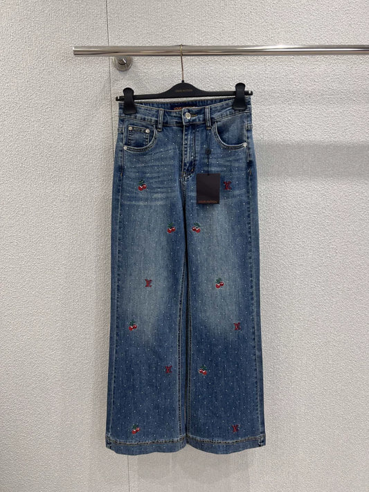 25FW rhinestone logo embroidered denim pants