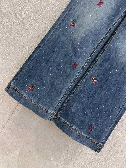 25FW rhinestone logo embroidered denim pants
