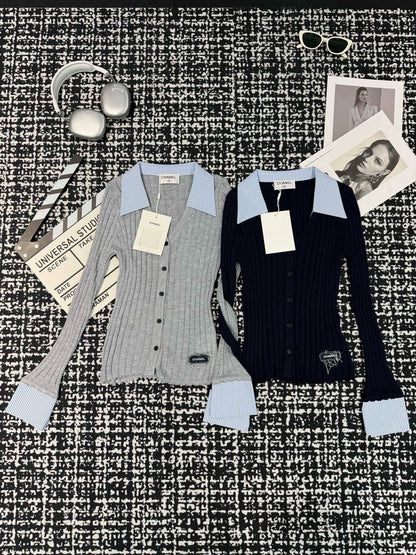 Knitted long sleeved shirt collar with patchwork