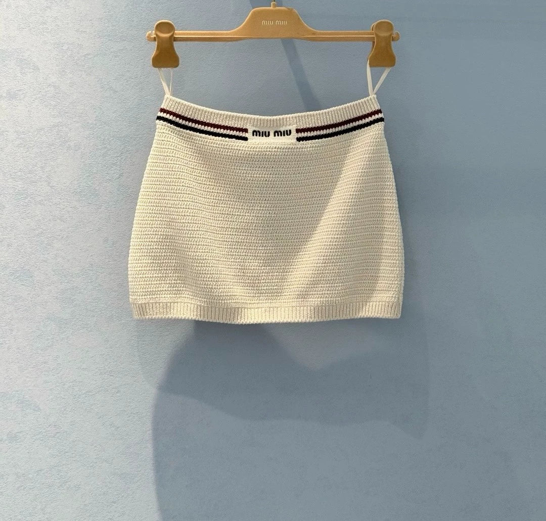 25 Summer new color matching ribbon pure cotton knitted suspender skirt suit