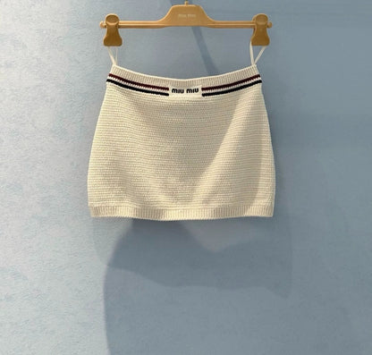 25 Summer new color matching ribbon pure cotton knitted suspender skirt suit